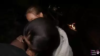 FFM Threesome Sucking on the Backyard - Outdoor Double Blowjob - Oral Creampie