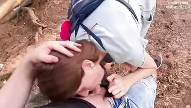 POV Amateur brunette gives sensual blowjob in the forest & cum in her throat